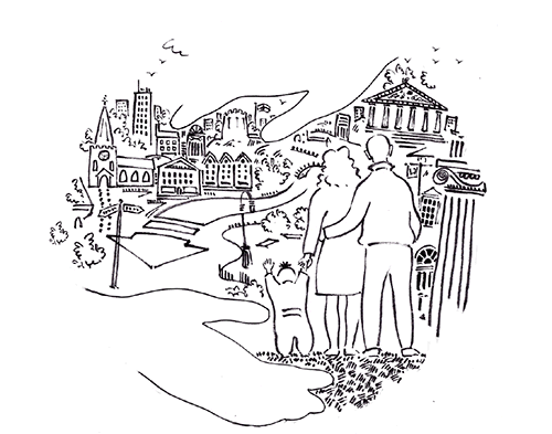 A family stand looking at a city, wrapped in protective hands.